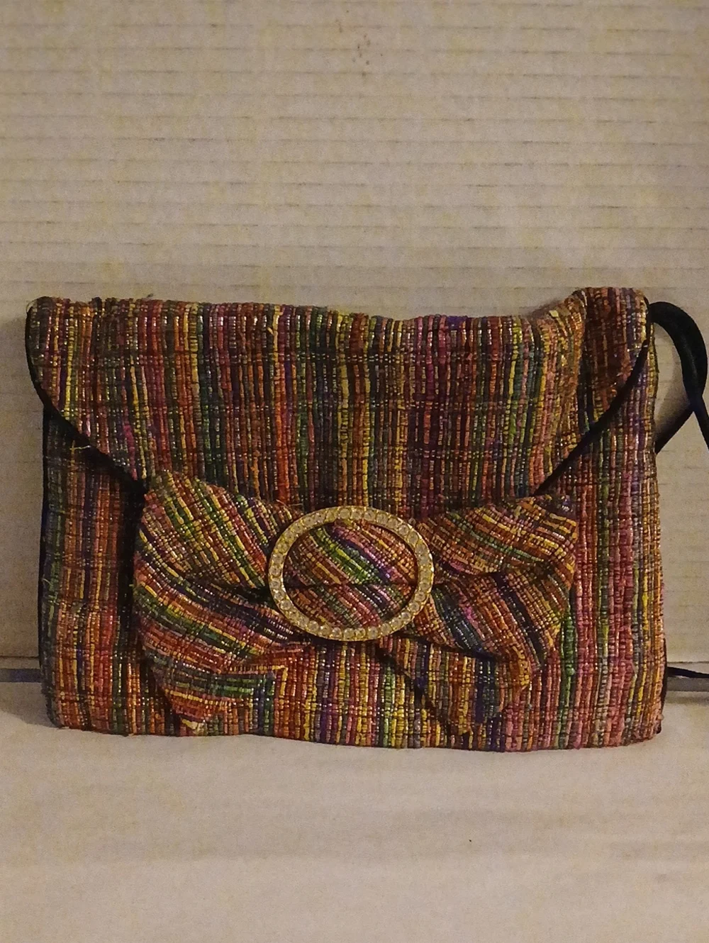 Vintage Julie Brown Multicolor Textured Evening Clutch with Embellished Buckle